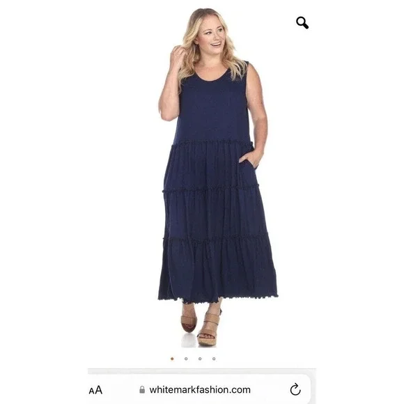 navy blue scoop neck tiered dress maxi L Soft Stretchy Comfortable Classic Style - Picture 5 of 5